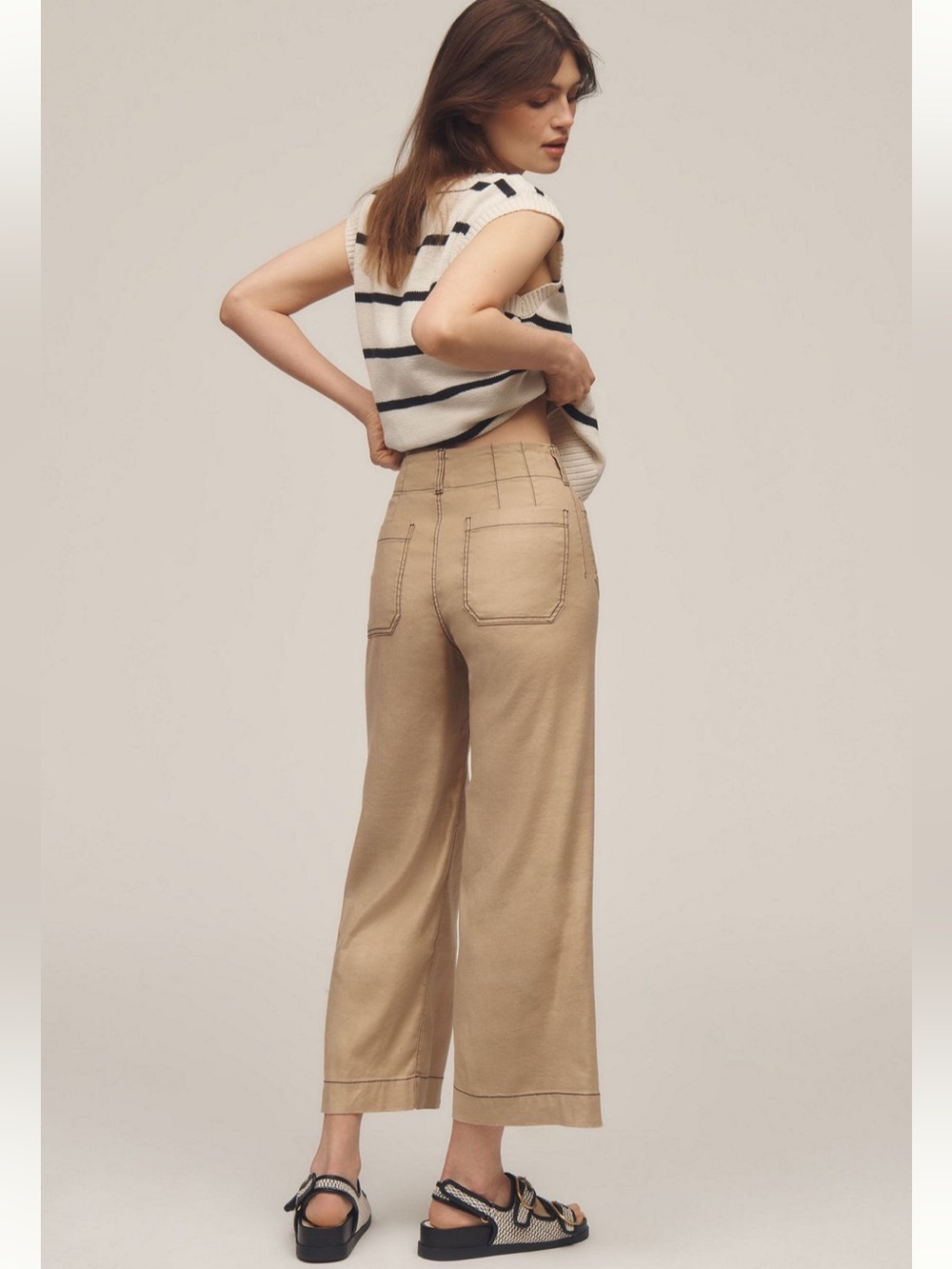 NWT Maeve The Colette Cropped Wide- Leg Pants w/ Contrast Stitching Linen - Picture 2 of 14